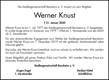 Traueranzeige von Werner Knust von Bergsträßer Anzeiger