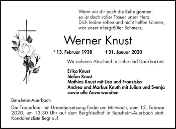 Traueranzeige von Werner Knust von Bergsträßer Anzeiger