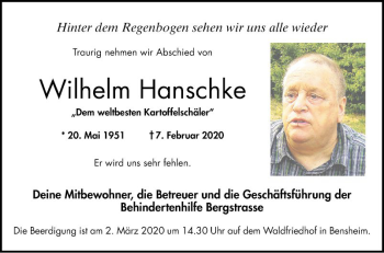 Traueranzeige von Wilhelm Hanschke von Bergsträßer Anzeiger