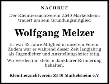 Traueranzeige von Wolfgang Melzer von Fränkische Nachrichten