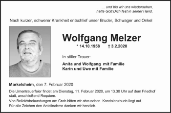 Traueranzeige von Wolfgang Melzer von Fränkische Nachrichten