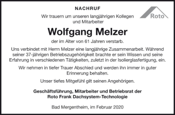 Traueranzeige von Wolfgang Melzer von Fränkische Nachrichten