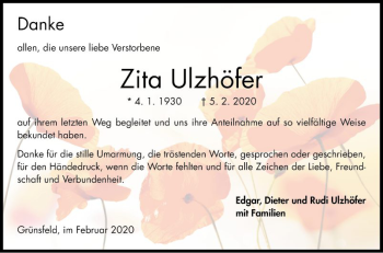 Traueranzeige von Zita Ulzhöfer von Fränkische Nachrichten