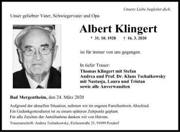 Traueranzeige von Albert Klingert von Fränkische Nachrichten