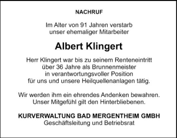 Traueranzeige von Albert Klingert von Fränkische Nachrichten