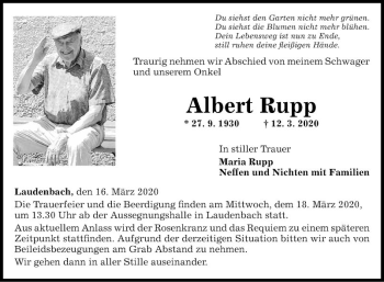 Traueranzeige von Albert Rupp von Fränkische Nachrichten