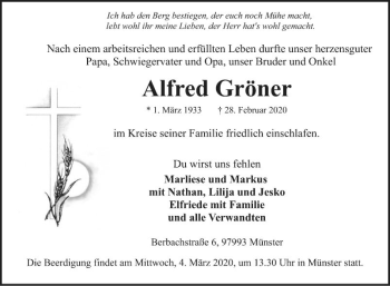 Traueranzeige von Alfred Gröner von Fränkische Nachrichten