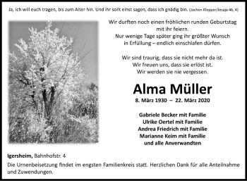 Traueranzeige von Alma Müller von Fränkische Nachrichten