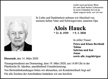 Traueranzeige von Alois Hauet von Fränkische Nachrichten