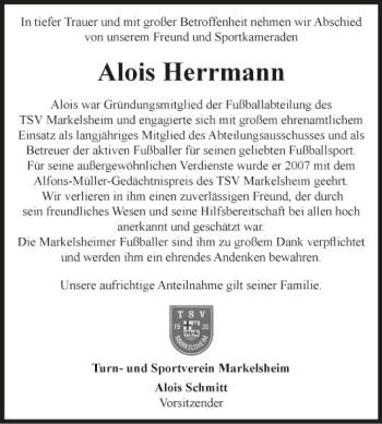 Traueranzeige von Alois Herrmann von Fränkische Nachrichten