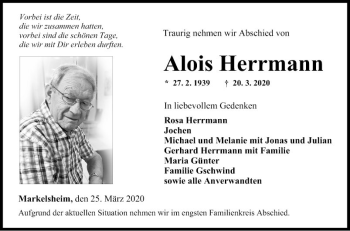 Traueranzeige von Alois Herrmann von Fränkische Nachrichten