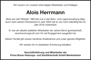 Traueranzeige von Alois Herrmann von Fränkische Nachrichten