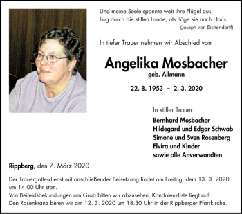 Traueranzeige von Angelika Mosbacher von Fränkische Nachrichten