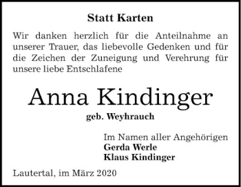 Traueranzeige von Anna Kindinger von Bergsträßer Anzeiger