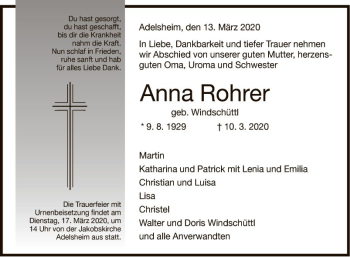 Traueranzeige von Anna Rohrer von Fränkische Nachrichten