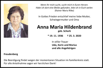 Traueranzeige von Anna Maria Hildenbrand von Fränkische Nachrichten