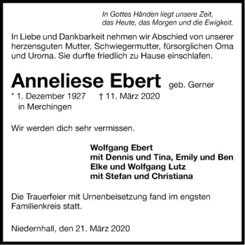 Traueranzeige von Anneliese Ebert von Fränkische Nachrichten