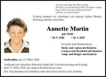 Traueranzeige von Annette Martin von Fränkische Nachrichten