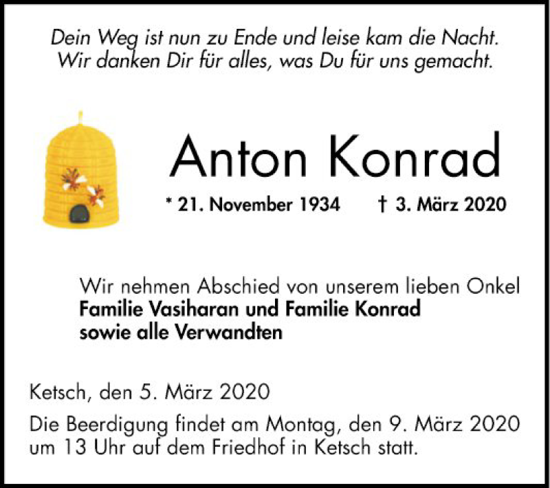  Traueranzeige für Anton Konrad vom 05.03.2020 aus Schwetzinger Zeitung