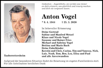 Traueranzeige von Anton Vogel von Fränkische Nachrichten