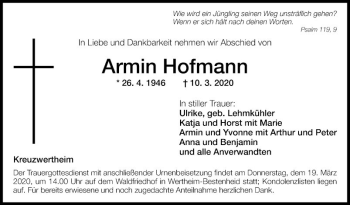 Traueranzeige von Armin Hofmann von Fränkische Nachrichten