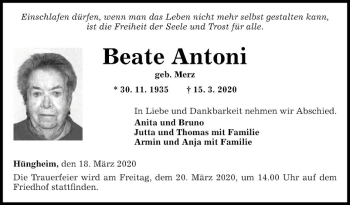 Traueranzeige von Beate Antoni von Fränkische Nachrichten