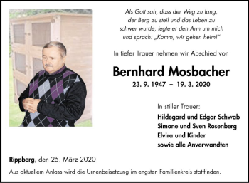 Traueranzeige von Bernhard Mosbacher von Fränkische Nachrichten