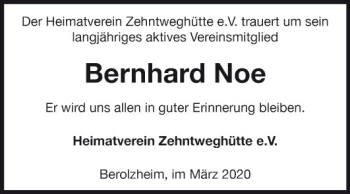 Traueranzeige von Bernhard Noe von Fränkische Nachrichten