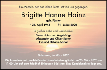 Traueranzeige von Brigitte Hanne Hainz von Bergsträßer Anzeiger