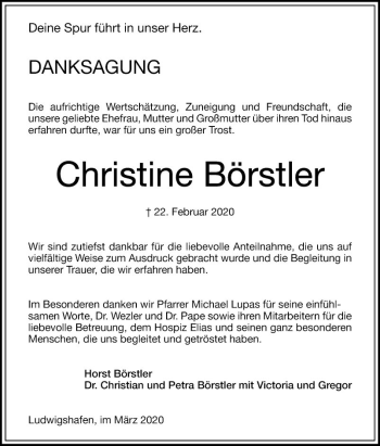 Traueranzeige von Christine Börstler von Mannheimer Morgen