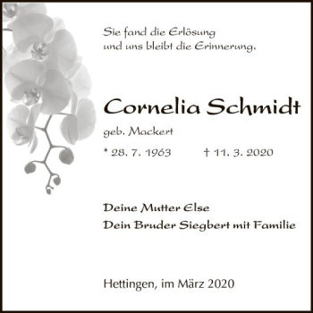 Traueranzeige von Cornelia Schmidt von Fränkische Nachrichten