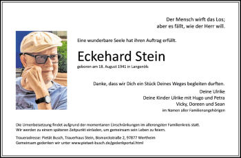 Traueranzeige von Eckehard Stein von Fränkische Nachrichten