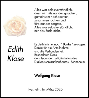 Traueranzeige von Edith Klose von Mannheimer Morgen