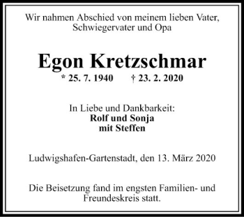 Traueranzeige von Egon Kretzschmar von Mannheimer Morgen