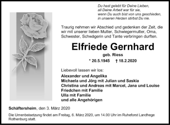 Traueranzeige von Elfriede Genhard von Fränkische Nachrichten