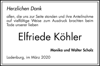 Traueranzeige von Elfriede Köhler von Mannheimer Morgen