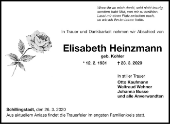 Traueranzeige von Elisabeth Heinzmann von Fränkische Nachrichten