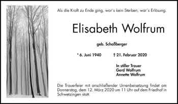 Traueranzeige von Elisabeth Wolfrum von Mannheimer Morgen