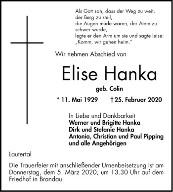 Traueranzeige von Elise Hanka von Bergsträßer Anzeiger