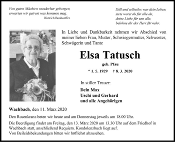 Traueranzeige von Elsa Tatusch von Fränkische Nachrichten