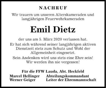 Traueranzeige von Emil Dietz von Fränkische Nachrichten