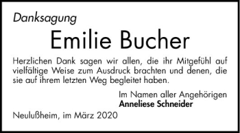 Traueranzeige von Emilie Bucher von Schwetzinger Zeitung