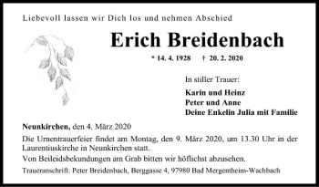 Traueranzeige von Erich Breidenbach von Fränkische Nachrichten