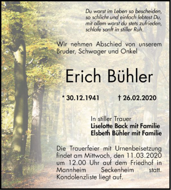 Traueranzeige von Erich Bühler von Mannheimer Morgen