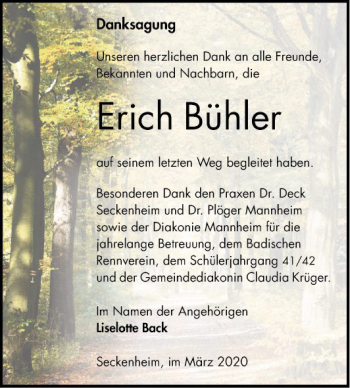 Traueranzeige von Erich Bühler von Mannheimer Morgen