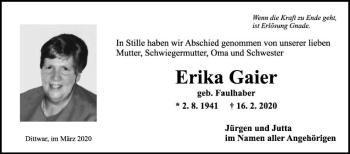 Traueranzeige von Erika Gaier von Fränkische Nachrichten