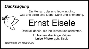 Traueranzeige von Ernst Eisele von Mannheimer Morgen