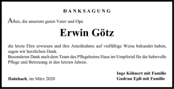 Traueranzeige von Erwin Götz von Fränkische Nachrichten