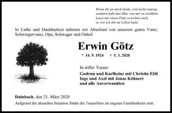 Traueranzeige von Erwin Götz von Fränkische Nachrichten