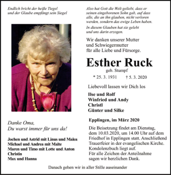 Traueranzeige von Esther Ruck von Fränkische Nachrichten